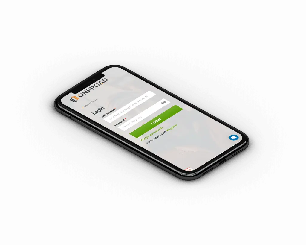 Een smartphone toont een inlogscherm met velden voor e-mailadres en wachtwoord, inclusief een groene login-knop.
