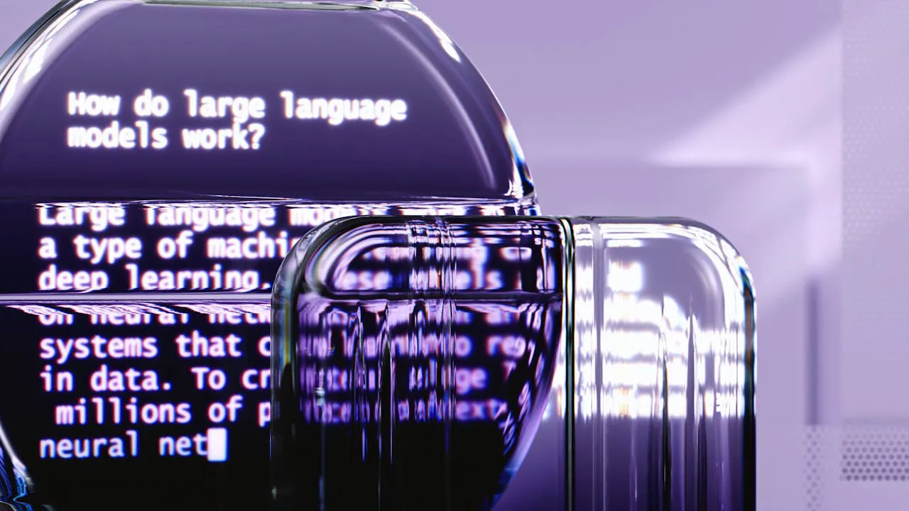 Een close-up van tekst die uitlegt hoe grote taalmodellen werken, met een focus op machine learning en neurale netwerken.