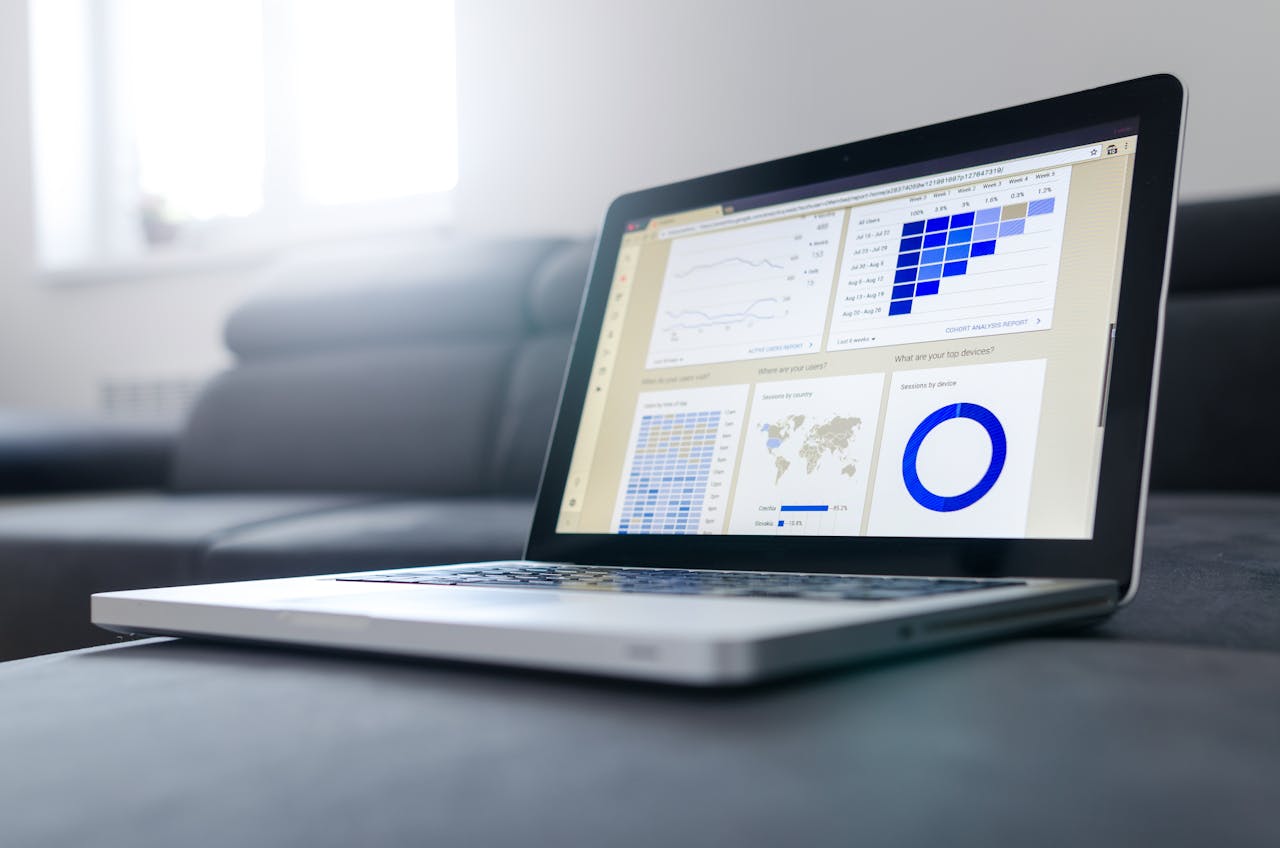 Data-analyse op een laptop::Een open laptop met grafieken en statistieken zichtbaar, geplaatst op een bank in een lichte ruimte.