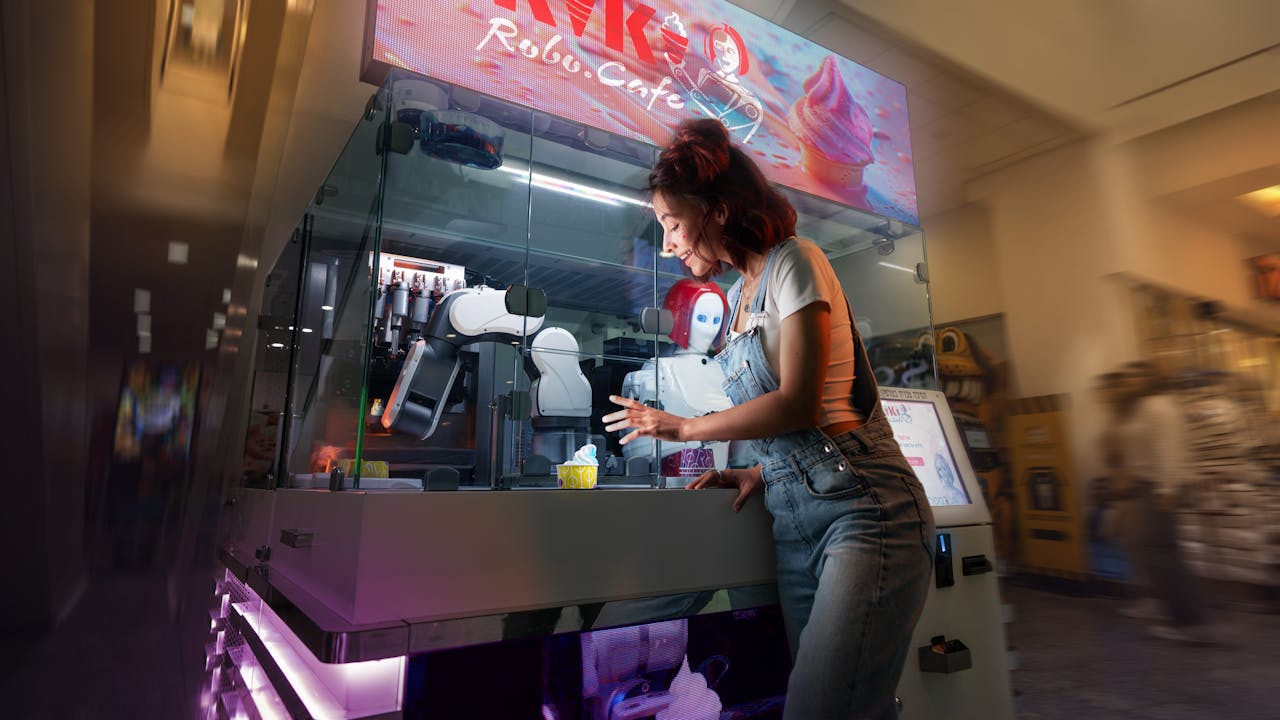 Een jonge vrouw interacteert met een robotarm terwijl ze ijs koopt bij een geautomatiseerd café.