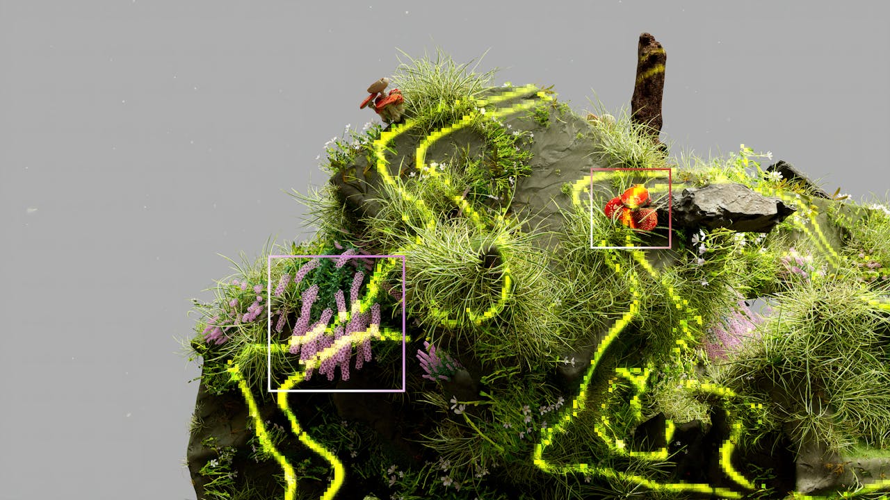 Een levendig landschap met verschillende planten en paddenstoelen, inclusief een opvallende rode soort en neonachtige lichtlijnen.
