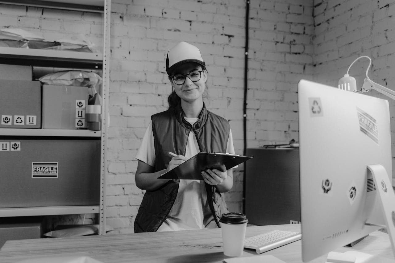 Een vrouw in werkkleding staat bij een bureau met een clipboard en een computer, temidden van dozen en kantoorartikelen.
