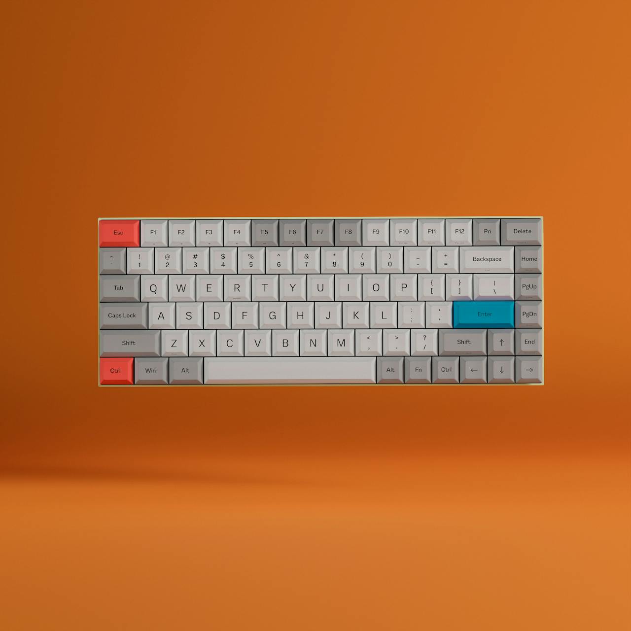 Een minimalistisch toetsenbord met een helder oranje achtergrond, gekenmerkt door witte toetsen en enkele gekleurde accenttoetsen.